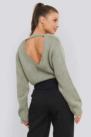 Light Khaki Open Back Knitted Sweater