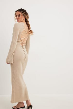 Beige Open Back Lace Detail Knitted Maxi Dress