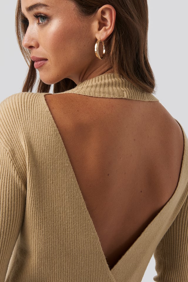Open Back Overlap Knitted Sweater Light Beige