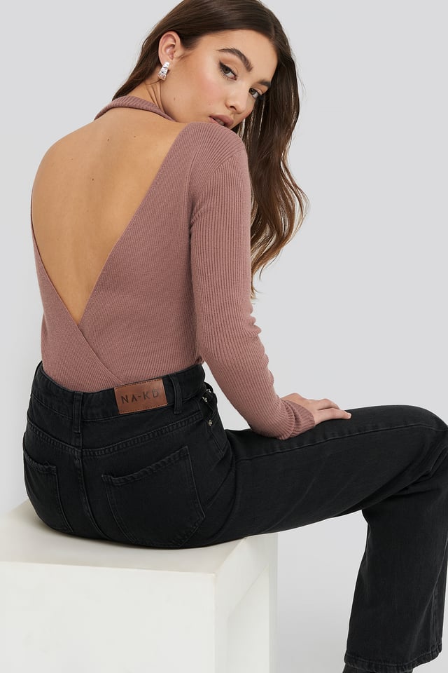 Open Back Overlap Knitted Sweater Dusty Dark Pink