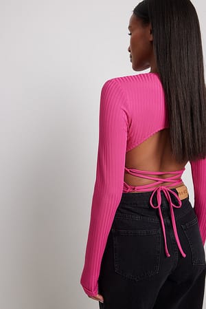 Pink Open Back Rib Lace Detail Top