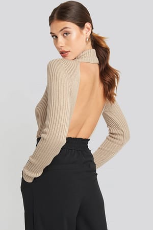 Beige Open Back Ribbed Sweater