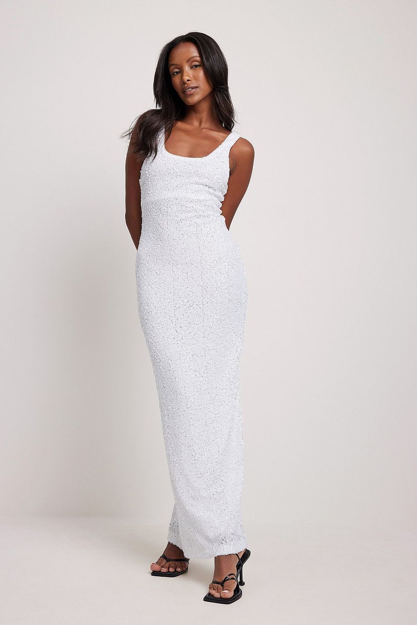 na-kd.com | Open Back Sequin Dress Victoria Waldau x NA-KD, White