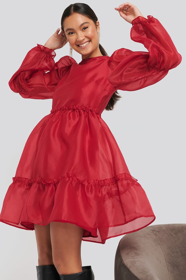 Organza Puff Sleeve Dress Dark Red