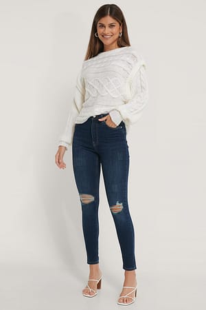Dark Blue Versleten skinny jeans met hoge taille