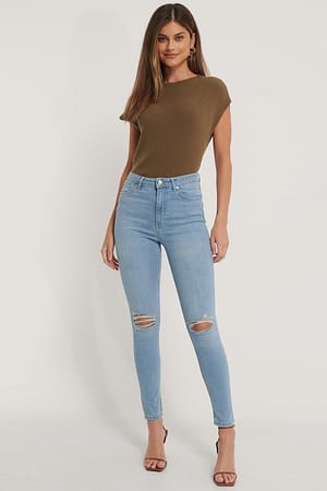 Light Blue Skinny Jeans mit hoher Taille Used-Look