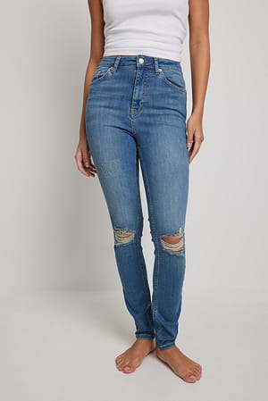 Mid Blue Skinny jeans med hög midja och slitningar