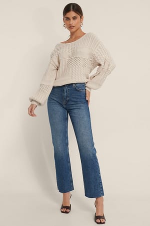 Mid Blue Hohe Taille Roher Saum Gerade Jeans
