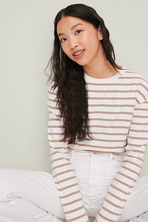 White/Beige Organic Striped Oversized Long Sleeved Top