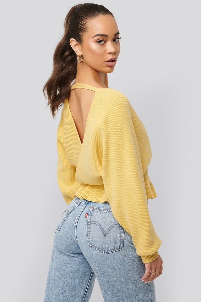 Overlap Flounce Knitted Sweater Dusty Yellow