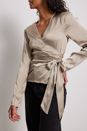Taupe Overlap Front Satin Blouse