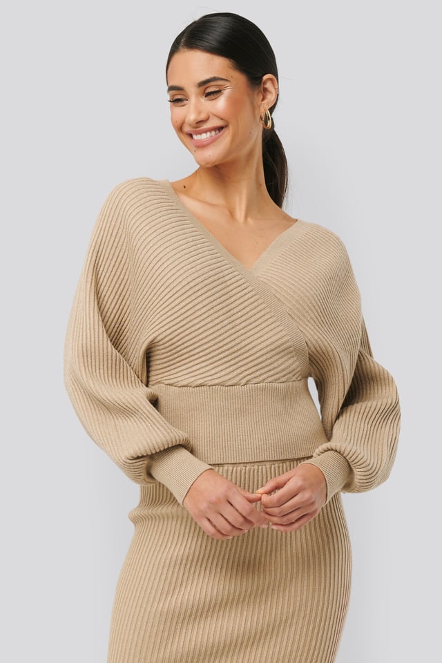 Overlap Glittery Knitted Sweater Beige