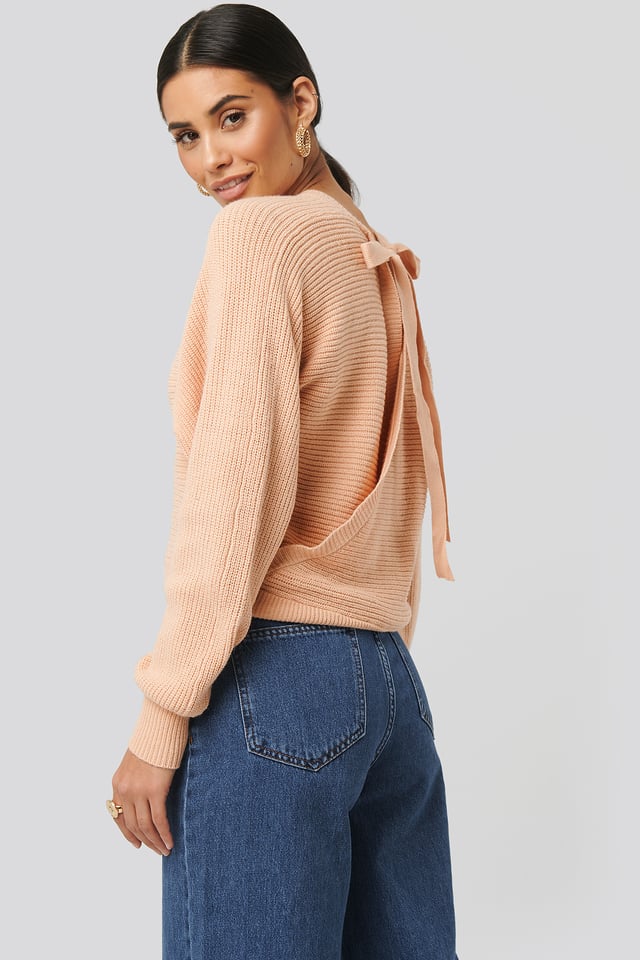 Overlap Knitted Tie Detail Sweater Dusty Pink