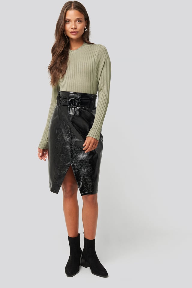 Overlap Midi Pu Skirt Black