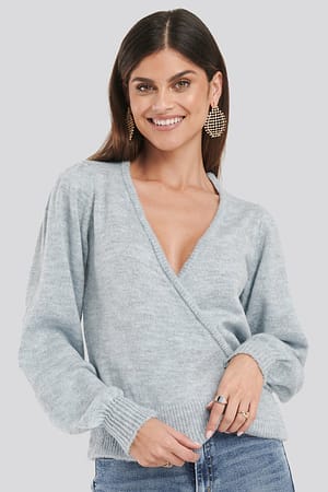 Grey Overlap Puff Sleeve Knitted Sweater