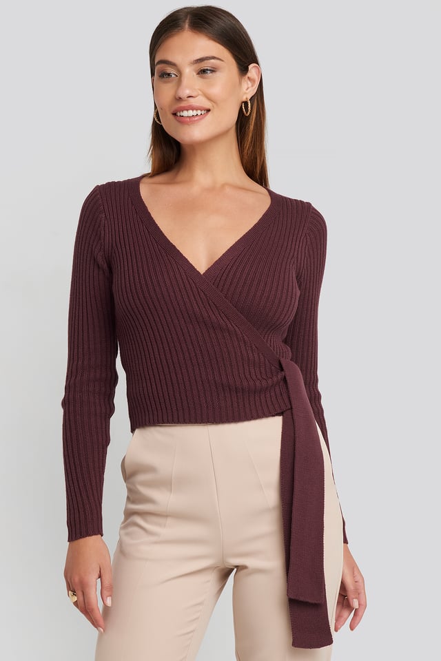 Overlap Ribbed Knitted Sweater Burgundy