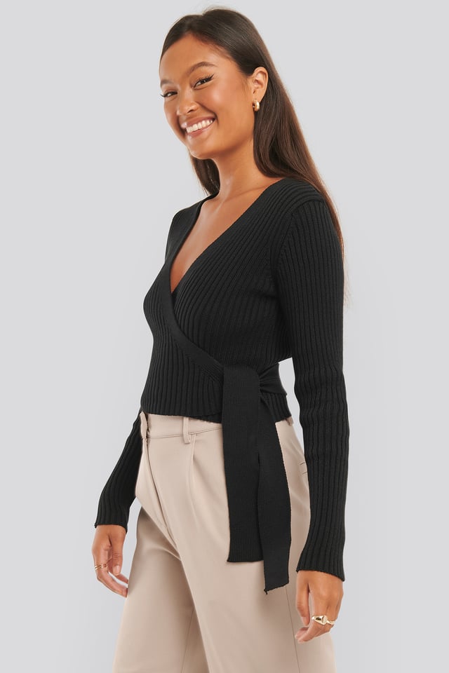 Overlap Ribbed Knitted Sweater Black