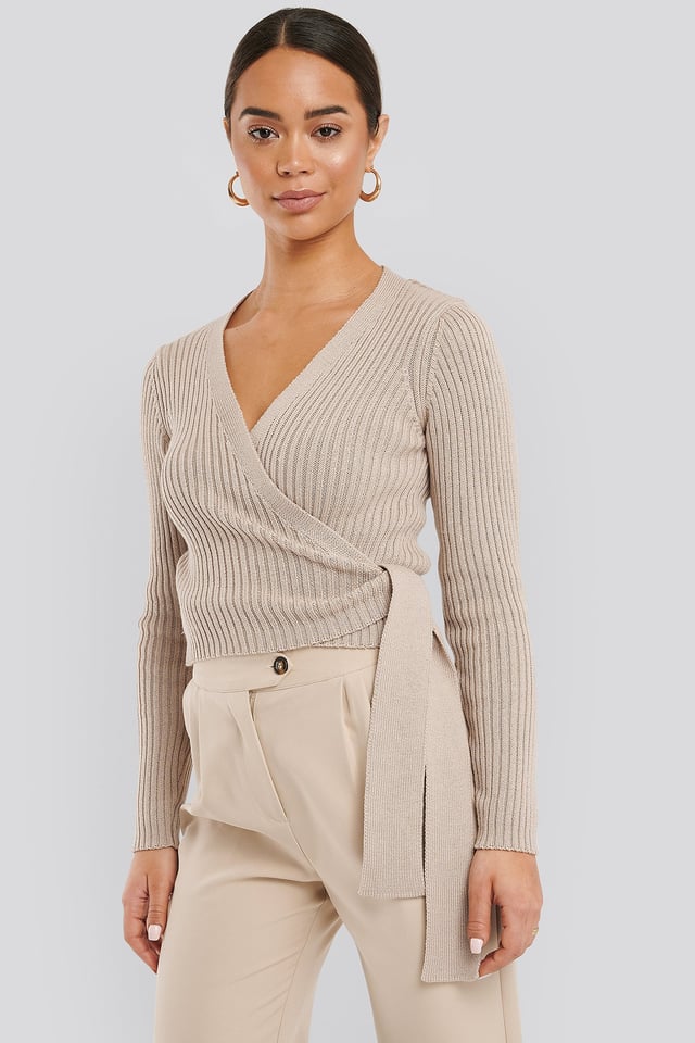 Overlap Ribbed Knitted Sweater Beige