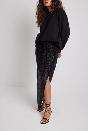 Black Overlap Sequin Midi Skirt