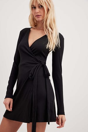 Black Recycled Overlap Tie Short Dress