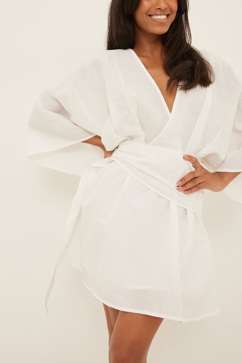 Robes Robes avec ceinture | Robe portefeuille en lin nouée à la taille - EV09185
