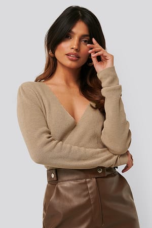 Beige Overlapped Ribbed Knitted Sweater