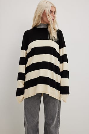 Beige/Black Oversized strikket genser med brede striper