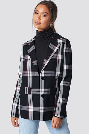 Checkered Oversized Puff Shoulder Blazer