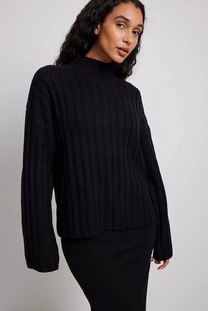 Black Oversized Rib Knitted Turtle Neck Sweater