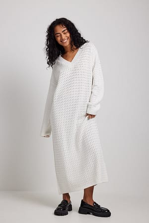 Offwhite Oversized V-neck Knitted Maxi Dress