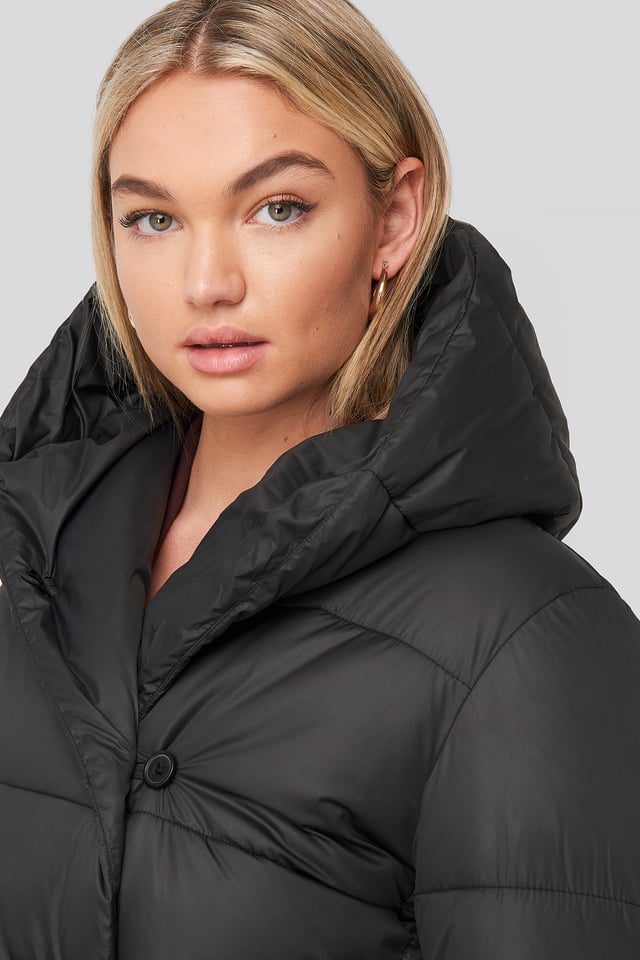 Padded Hood Long Jacket Black