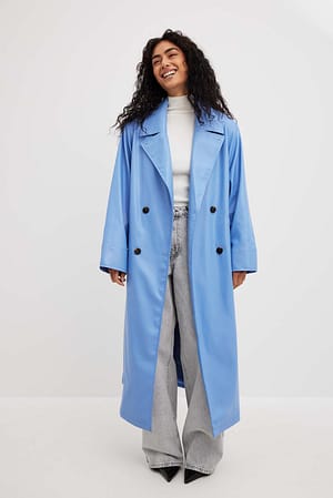 Blue Padded Shoulder Pu Trench