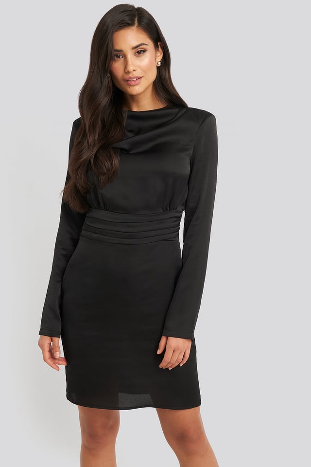 Padded Shoulder Overlap Mini Dress Black