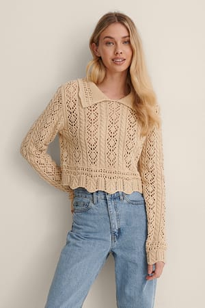 Pattern Knit Collar Detail Sweater Beige | NA-KD