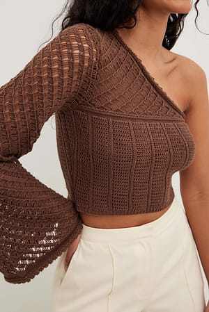 Taupe Gestricktes One-Shoulder-Top mit Muster