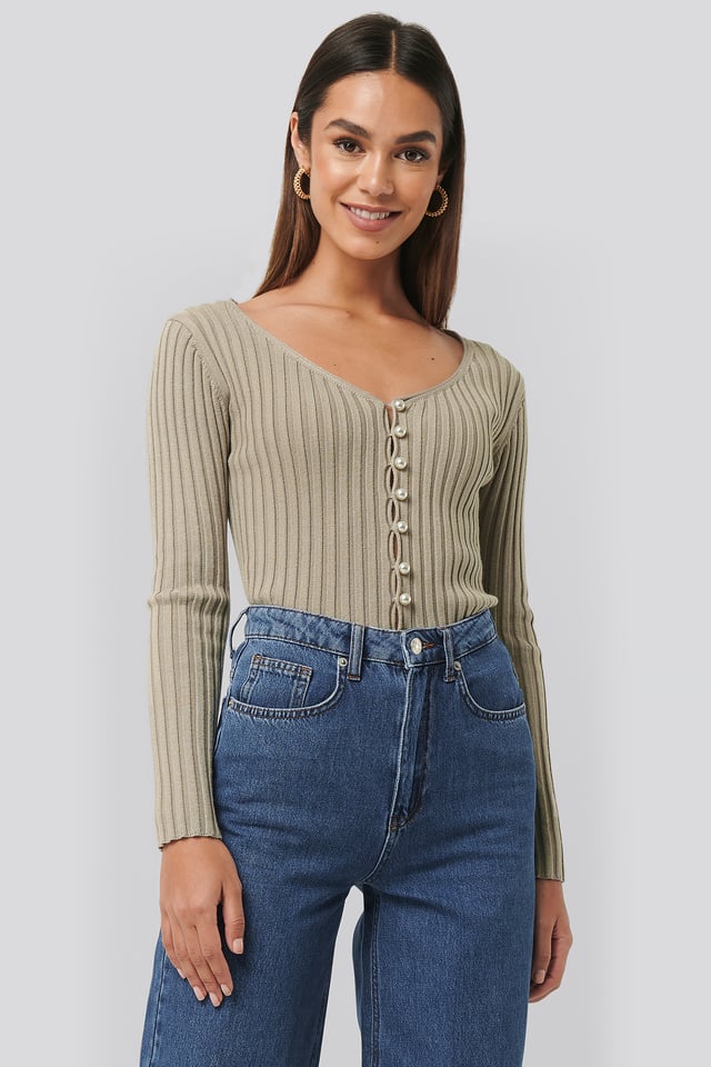 Pearl Detailed Knitted Cardigan Light Beige