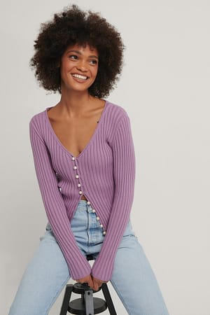 Purple Pearl Detailed Knitted Cardigan