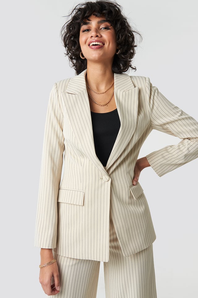 Pinstriped Fitted Blazer Beige