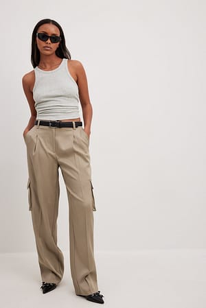 Khaki Brown Pleat Detail Cargo Suit Pants