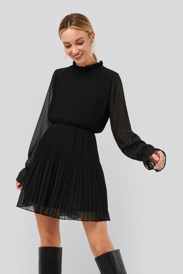 Pleated Elastic Waist Dress Black