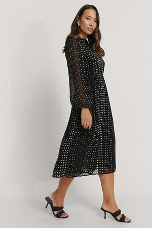 Black/White dots Pleated LS Shirt Dress