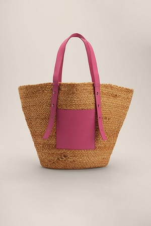 Natural/Pink Pocket Detail Beach Bag