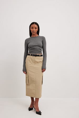 Khaki Beige Pocket Detail Midi Skirt