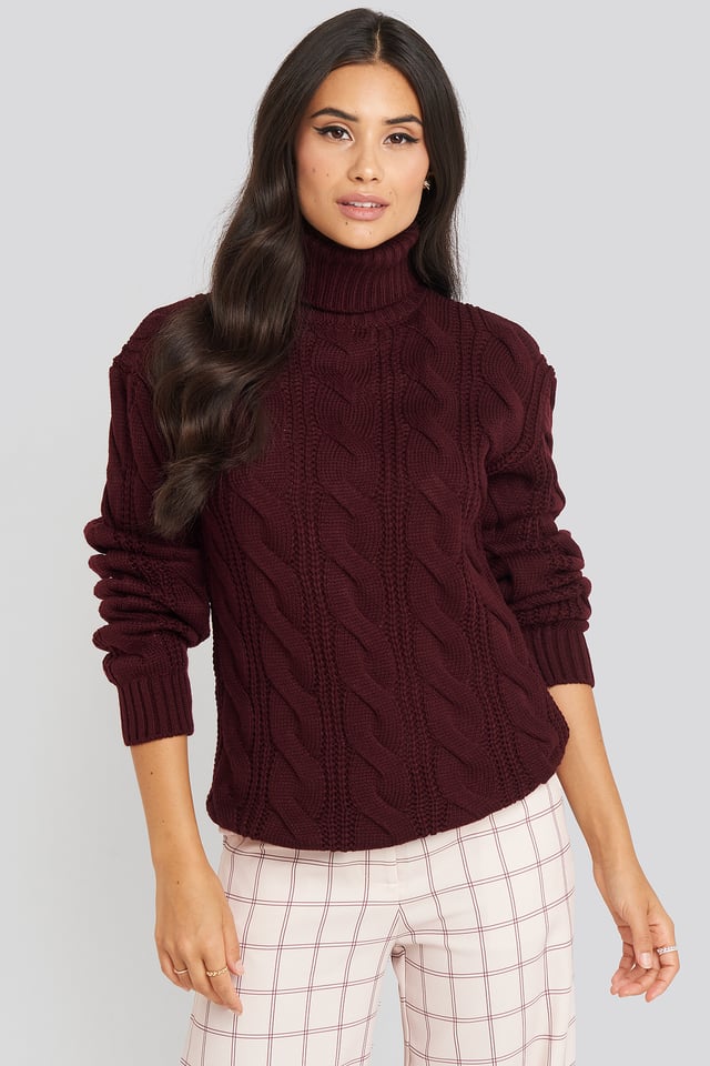 Polo Neck Cable Knitted Sweater Burgundy