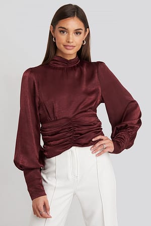 Burgundy NA-KD Party Polo Wide Cuff Blouse