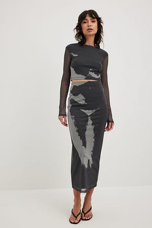 Abstract Print Figursydd kjol med tryck och mesh