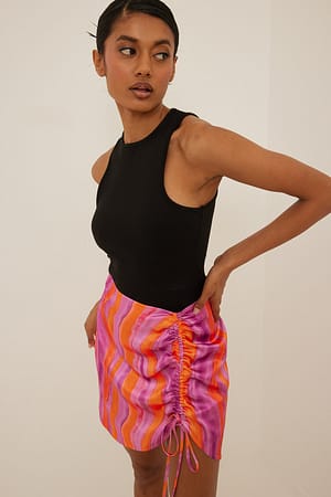 Summer Print Printed Slit Detailed Gathered Mini Satin Skirt