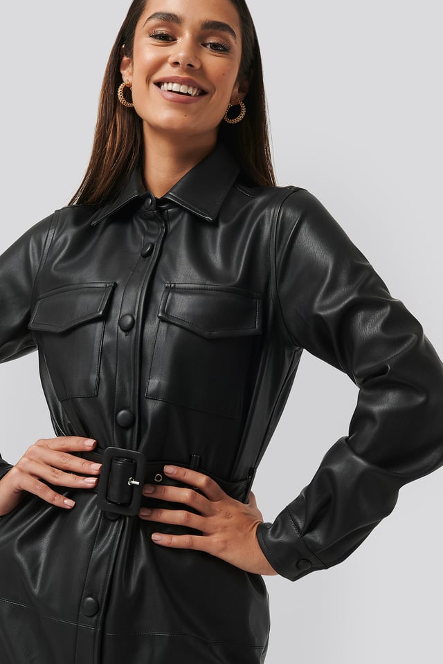 Soft PU Belted Mini Dress Black