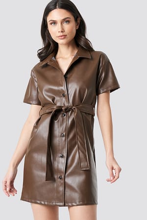 Brown PU Belted Shirt Dress