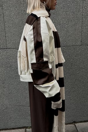 Off White/Brown PU Bomber Jacket